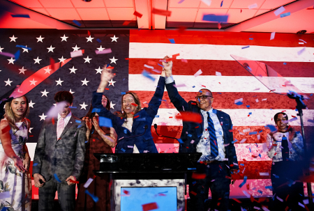 New Jersey Democratic gubernatorial candidate, Rep. Mikie Sherrill, D-N.J., (C-L) celebrates with lieutenant gubernatorial candidate Dale Caldwell (C-R) after their win during an election night watch party at the Hilton East Brunswick Hotel on Nov. 4, 2025, in East Brunswick, New Jersey. Sherrill defeated Republican assembly member Jack Ciattarelli in a tightly contested race for New Jersey governor.
