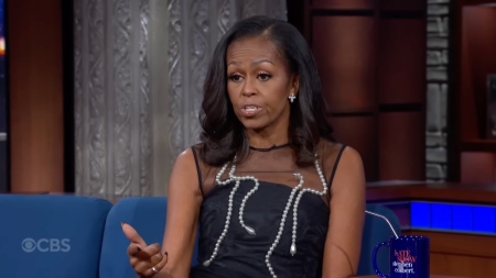 Former first lady Michelle Obama discusses her dissatisfaction with President Donald Trump during an interview on "The Late Show with Stephen Colbert" on Nov. 3, 2025. 