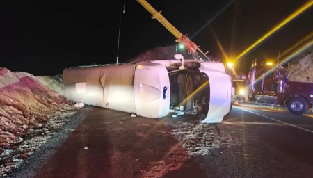 First responders arrive at the scene of an accident in San Bernardino County, California, where a bus carrying California teenagers returning home from a Catholic retreat crashed, Nov. 9, 2025. 
