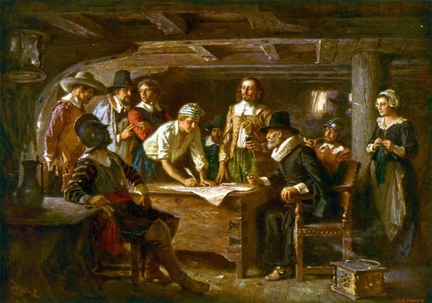 A 20th century depiction of the 1620 signing of the Mayflower Compact. 