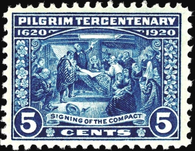 A 1920 stamp commemorating the 1620 signing of the Mayflower Compact. 