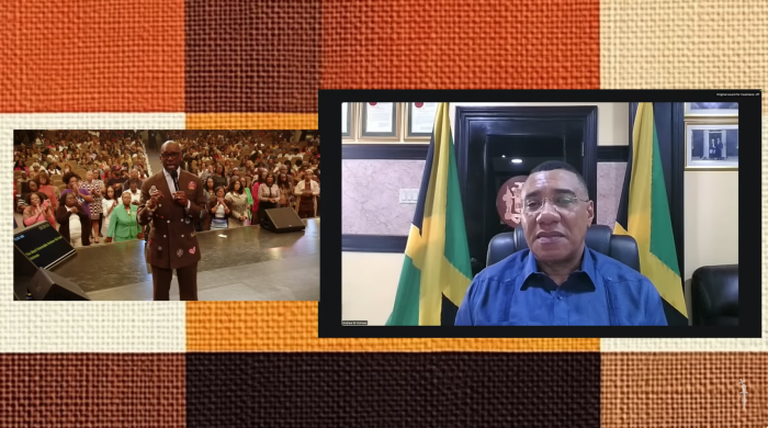 Jamaica's Prime Minister Andrew Holness (R) joined New Birth Missionary Baptist Church and Pastor Jamal Bryant via livestream on Nov. 9, 2025.