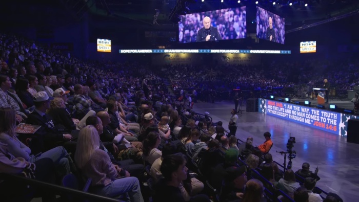 Pastor Greg Laurie speaks at the Harvest Crusade event "Hope for America" at the campus of Utah Valley University in Orem, Utah, on Sunday, Nov. 16, 2025.