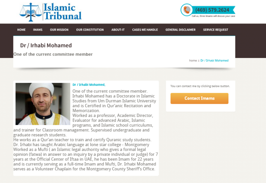 An image on the Islamic Tribunal website lists imam Irhabi Mohamed as a volunteer chaplain with the Montgomery County Sheriff's office.