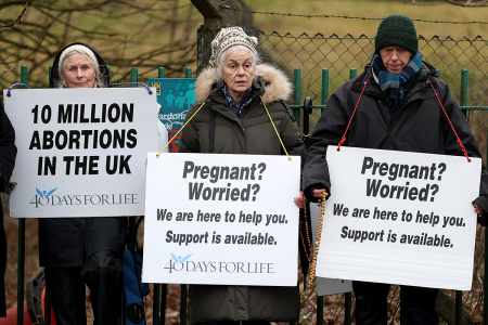Members of the anti-abortion 40 Days For Life hold a vigil near to the Queen Elizabeth University Hospital on March 05, 2025, in Glasgow, Scotland. Activists from the American-based anti-abortion group 40 Days For Life are holding vigils outside the Queen Elizabeth University Hospital in Glasgow for 40 days between March 5 and April 13, in a campaign against abortion. The group has said it will stay outside the exclusion zone around the hospital to comply with Scotland's Abortion Services Act, which prohibits activists from demonstrating within 200 meters (218 yards) of an abortion clinic. 