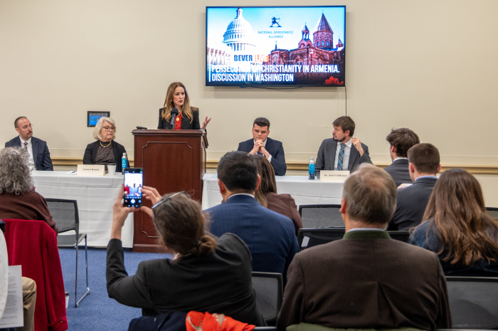 Advocates and legal experts participate in a briefing on Armenia at the Rayburn House Office Building in Washington, D.C., on Nov. 20, 2025. From left to right: Peter Flew, Lauren Homer, Jacqueline Halbig von Schleppenbach, Corentin Clerc and Joel Veldkamp. 