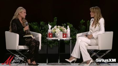 Erika Kirk (L) speaks about her late husband, Charlie Kirk, with Megyn Kelly (R) on Nov. 22, 2025, in Glendale, Arizona. The interview took place during the last stop on the "Megyn Kelly Live" tour.