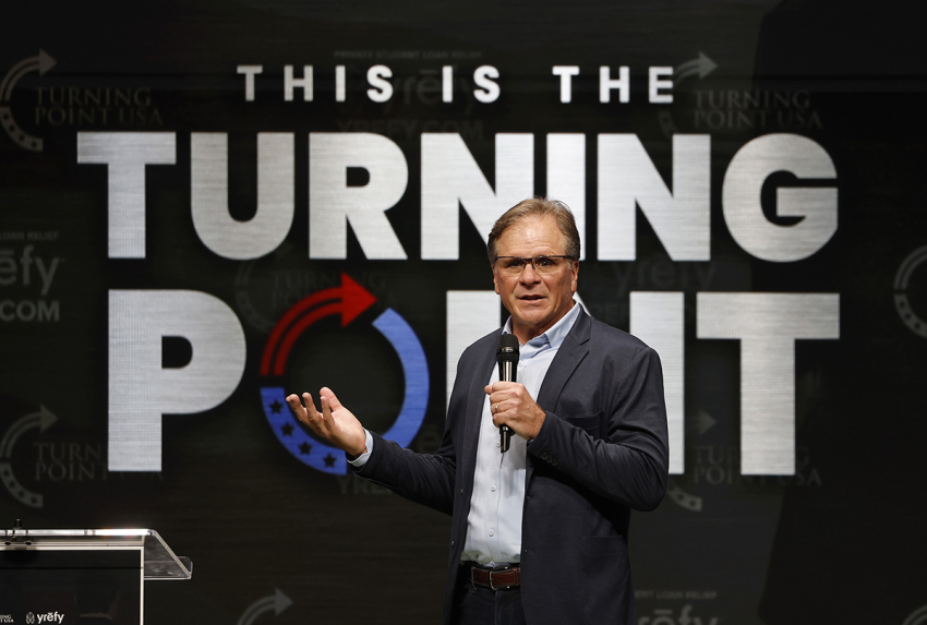 Author Frank Turek speaks during a Turning Point USA event at the University of California, Berkeley (UC Berkeley) on Nov. 10, 2025, in Berkeley, California, two months after Turning Point USA founder Charlie Kirk was killed. 