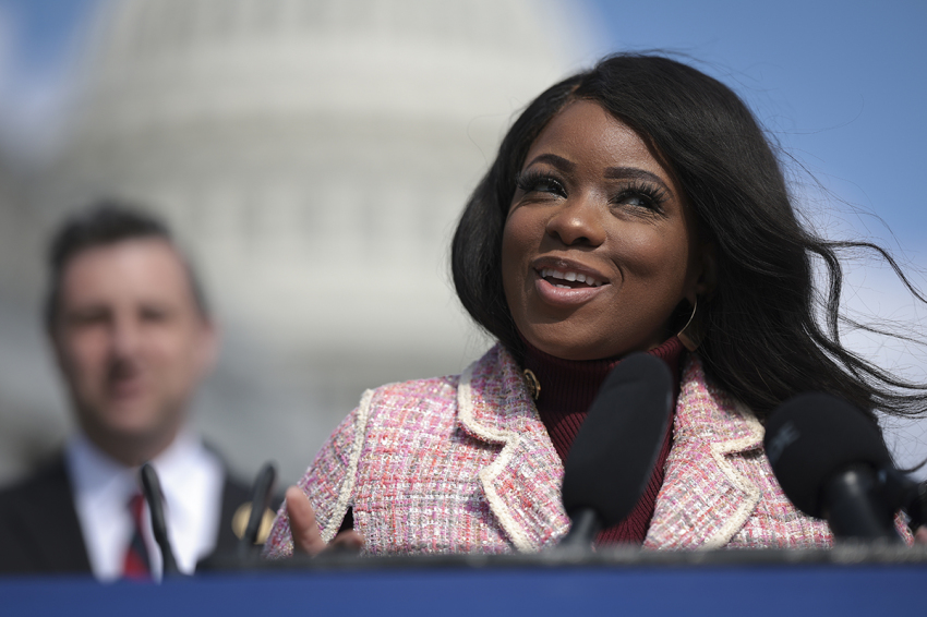 Rep. Jasmine Crockett, D-Texas, speaks during a press conference outside the U.S. Capitol on March 20, 2024, in Washington, D.C. Democratic members of Congress held the press conference to introduce the “Protected Time Off Act.”
