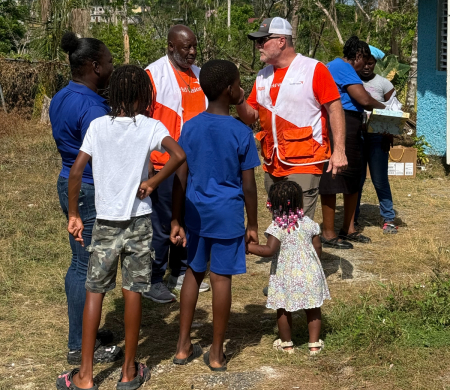 World Vision partnered with Operation Blessing and WaterStep to distribute food kits, disinfectant, and toys in Chester Castle, Jamaica, to help children and families recovering from Hurricane Melissa.