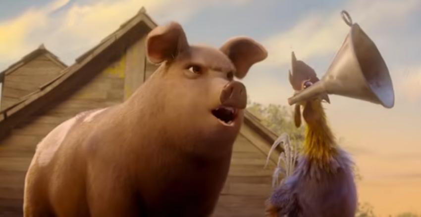 A screenshot from the May 2026 animated film, "Animal Farm: A Cautionary Tail" from Angel Studios.