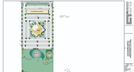 A concept plan from the Islamic Society of Tulsa for a 15-acre development including a mosque and a retail center.