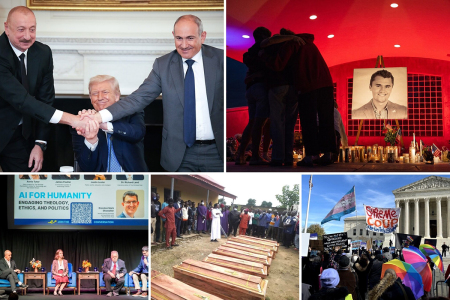 From top left to right: U.S. President Donald Trump (C) joins hands with Azerbaijani President Ilham Aliyev (L), and Armenian Prime Minister Nikol Pashinyan (R) during a signing ceremony in the State Dining Room of the White House on Aug. 8, 2025, in Washington, D.C. People pay their respects during a candlelight vigil for Christian youth activist and influencer Charlie Kirk at a makeshift memorial at Orem City Center Park in Orem, Utah, on Sept. 11, 2025. Bottom left to right: From left, Pastor James Lester, AI innovation expert James Poulter, policy analyst Annie Chestnut Tutor, Dr. Richard Land and moderator Brandon Showalter participate in a panel during "AI for Humanity: Navigating Ethics and Morality for a Flourishing Future" at Colorado Christian University in Littleton, Colorado, on Oct. 7, 2025. A funeral held for Christians killed in Kauru County, Kaduna state, Nigeria, on Aug. 28, 2025. Pro-trans demonstrators display signs outside the U.S. Supreme Court in Washington, D.C., on Dec. 4, 2024. 