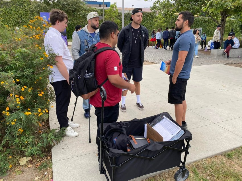 Members of the outreach ministry Testimonies of God share the Gospel at a Los Angeles, California, pride event in 2023.