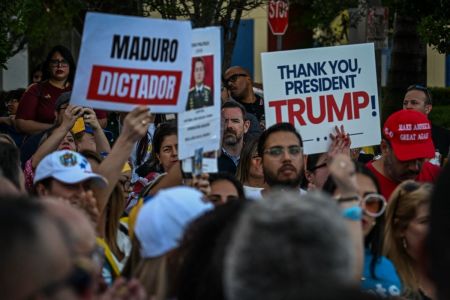 Opponents of ousted Venezuelan President Nicolas Maduro demonstrate in Doral, Florida, on Jan. 4, 2026. Venezuela's deposed president Nicolas Maduro is scheduled to appear before a federal judge in New York at noon on Jan. 5, to be formally notified about the charges against him, the court said. Maduro and his wife, Cilia Flores, were seized by US forces during a pre-dawn raid on Jan. 3 in Caracas and brought to New York to face charges of narcoterrorism tied to alleged trafficking of tons of cocaine into the United States. 