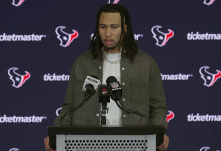 Houston Texans quarterback CJ Stroud reflects on the role the Christian faith has played in his team's athletic success in a post-game press conference, Jan. 4, 2026. 