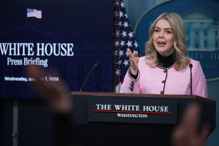 White House press secretary Karoline Leavitt takes questions during a news briefing in the James S. Brady Press Briefing Room of the White House on Jan. 7, 2026, in Washington, D.C.