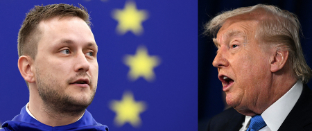 This combination of pictures created on Jan. 6, 2026, shows Greenland's Head of Government Jens-Frederik Nielsen (L, at the European Parliament in Strasbourg, eastern France, on Oct. 8, 2025), and U.S. President Donald Trump (at his Mar-a-Lago residence in Palm Beach, Florida, on Jan. 3, 2026). Greenland's prime minister on Jan. 5, 2026, called for renewed talks with the U.S. after President Donald Trump repeated that he wanted to annex the mineral-rich Arctic territory. 