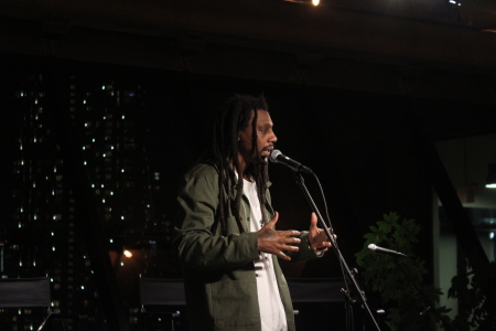 Spoken word artist and poet, Jason Petty, better known by his stage name Propaganda, shares a poem titled "At the Brink of Extinction" at Amazon Music Studios in Brooklyn, New York, on Jan. 12, 2026.