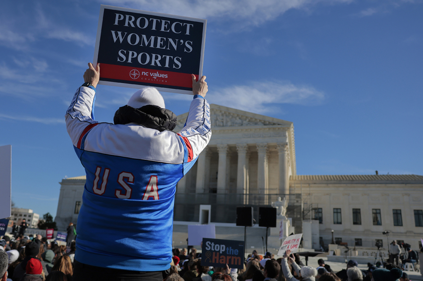 Protesters against men who identify as women competing in women's sports gather outside the U.S. Supreme Court on Jan. 13, 2026, in Washington, D.C. Groups from both sides of the debate gathered on Tuesday morning to protest while two cases that prohibit trans-identified male athletes from competing against girls and women on their sports teams are heard inside the Supreme Court. 