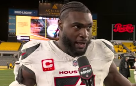 Houston Texans defensive end Will Anderson speaks with ESPN after his team's team's victory against the Pittsburgh Steelers on Jan. 12, 2026.