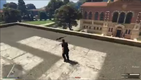 A screenshot of a modified mission on the video game "Grand Theft Auto" which replicates the Charlie Kirk assassination.