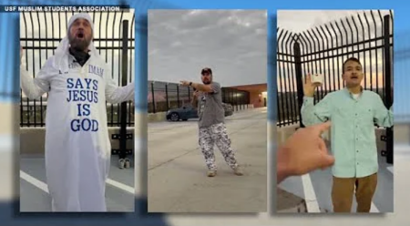 A screenshot of a news report showing three men preaching at a Muslim prayer event at the University of South Florida in November 2025.