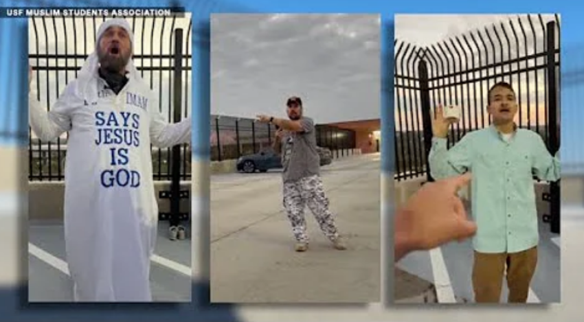A screenshot of a news report showing three men preaching at a Muslim prayer event at the University of South Florida in November 2025.