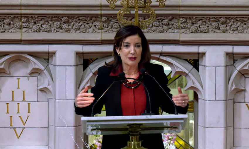 New York Gov. Kathy Hochul delivers a speech during the Martin Luther King Jr. Day of Service at the historic Abyssinian Baptist Church in Manhattan on Sunday, January 18, 2026.
