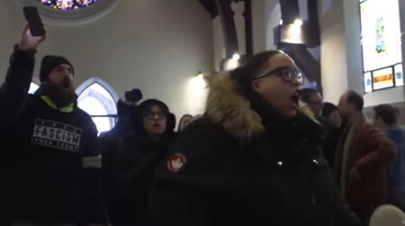 Activist William Kelly (left) and St. Paul school board member Chantyll Allen (right) were among the group that stormed into Cities Church in St. Paul, Minnesota, on Jan. 18, 2026.