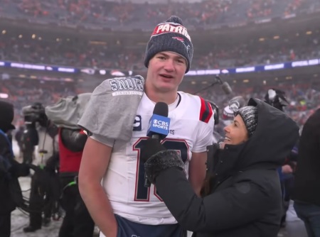 New England Patriots quarterback Drake Maye speaks during a post-game interview after the AFC Championship game in Denver, Colorado, on Jan. 25, 2026. 