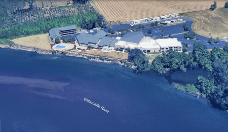 Life Bible Church in Harrisburg, Ore., sits on the bank of the Willamette River.