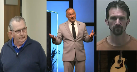 Randy Saylor (L), a former associate pastor with Living Word International Church in Midland, Michigan, along with former pastor James Randolph (C), and ex-elder Brandon Saylor (R), who is Randy Saylor's son. 