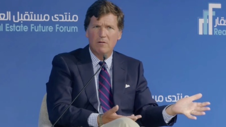 Conservative political commentator Tucker Carlson speaks during an interview at the Real Estate Future Forum in Riyadh, Saudi Arabia, on Jan. 28, 2026. Carlson prompted pushback from some Christians for praising the Islamic kingdom where Christians face persecution.