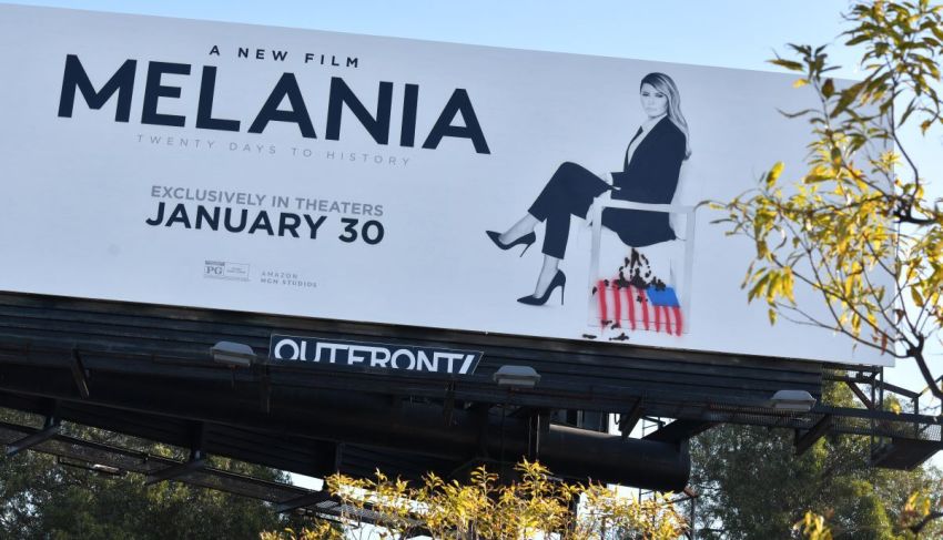 A billboard advertising the film "Melania" is seen vandalized, allegedly by the activist art collective INDECLINE, in Culver City, California on January 30, 2026.