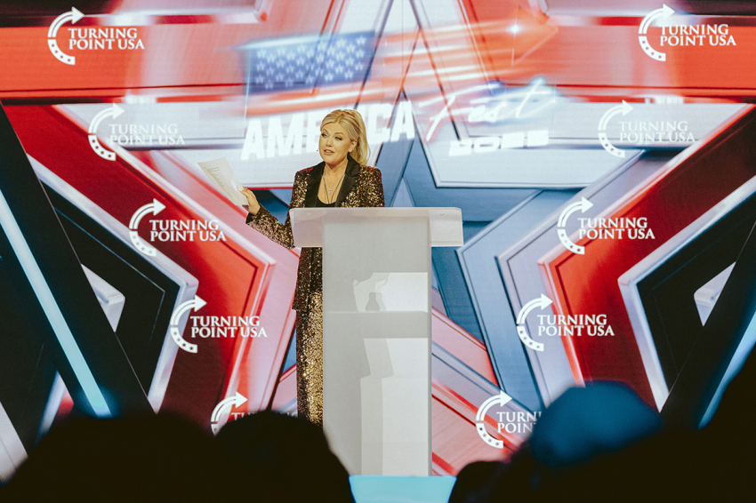 Turning Point USA CEO Erika Kirk, widow of right-wing political activist Charlie Kirk, speaks during Turning Point's annual AmericaFest conference in Phoenix, Arizona, on Dec. 18, 2025. 