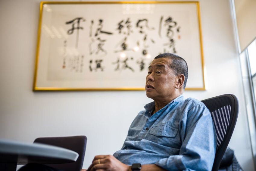 In this picture taken on June 16, 2020, media tycoon Jimmy Lai, 72, speaks during an interview with AFP at the Next Digital offices in Hong Kong. 