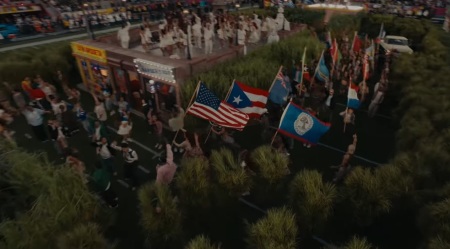 Performers carry flags during the Super Bowl LX halftime show in Santa Clara, California, on Feb. 8, 2026. 