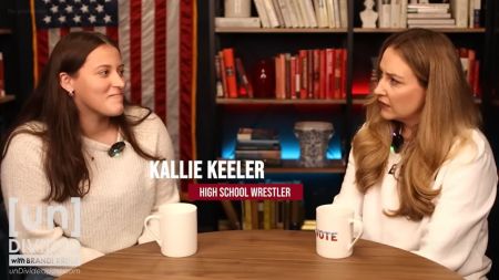 Kallie Keeler (L) talks with unDivided podcast host Brandi Kruse (R) during an interview on Feb. 9, 2026, about her wrestling match against a trans-identifying athlete. 