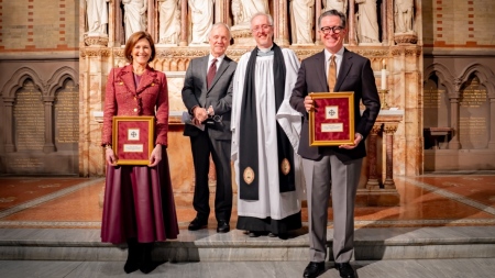 Late-night talk show host Stephen Colbert and his wife, Evelyn McGee-Colbert, receive the Dean's Cross for Servant Leadership during a ceremony at Virginia Theological Seminary (VTS) in Alexandria, Virginia, on Feb. 6, 2026.