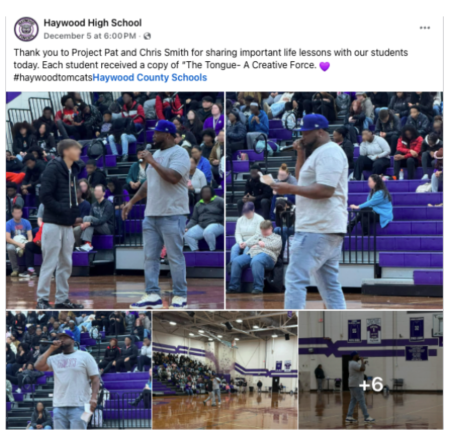 A now-deleted Dec. 5, 2025, Facebook post thanking Project Pat for speaking at a Haywood High School student assembly. 