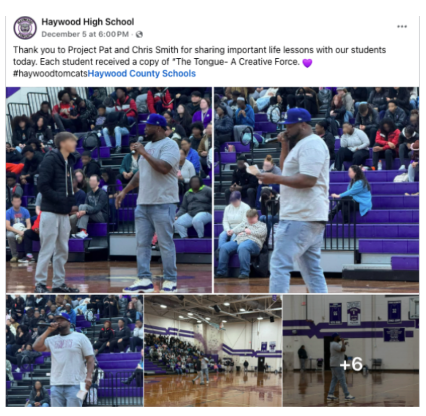 A now-deleted Dec. 5, 2025, Facebook post thanking Project Pat for speaking at a Haywood High School student assembly. 