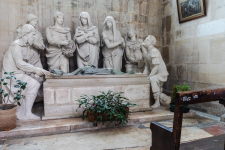 A depiction of the entombment of Christ inside the Church of Our Lady of the Assumption in Villeneuve-sur-Yonne, France. 