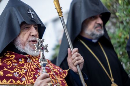 His Holiness Karekin II, Supreme Patriarch and Catholicos of all Armenians, (left) blesses the Monument of the Two Crosses outside the Notre-Dame de la Garde Basilica in Marseille on Dec. 5, 2025. 
