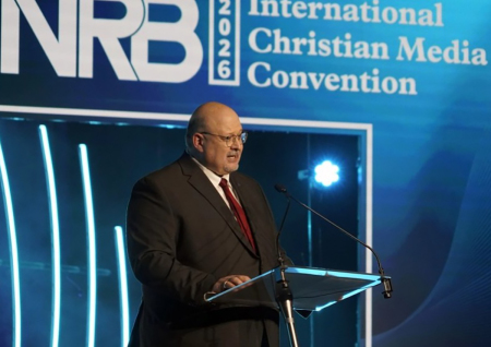 Troy Miller, president and CEO of NRB, delivers the opening address at the NRB 2026 International Christian Media Convention in Nashville, Tennessee, on Feb. 17, 2026, urging Christian communicators to close the “orthodoxy gap” between belief and obedience. 