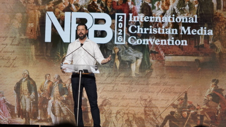 Seth Dillon, CEO of The Babylon Bee, speaks at the NRB 2026 International Christian Media Convention at the Gaylord Opryland Resort & Convention Center in Nashville.