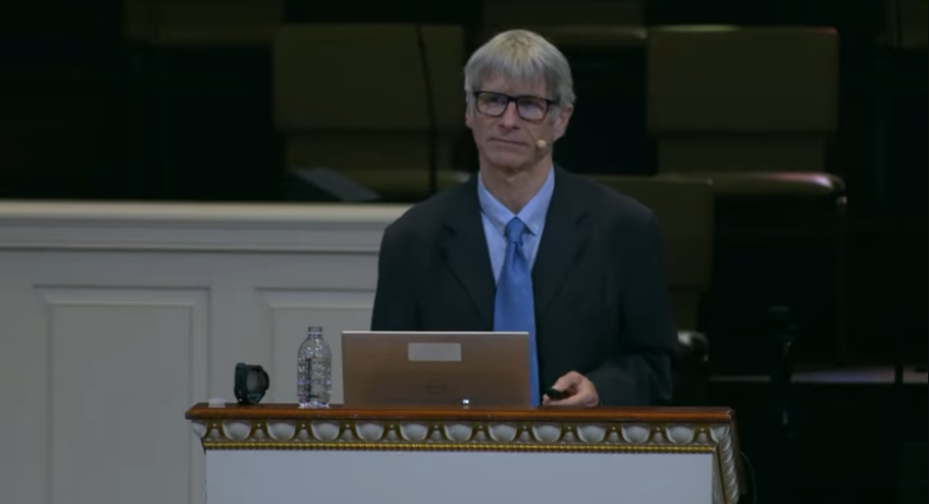 Stuart Burgess delivers a presentation at Park Cities Baptist Church in Dallas, Texas, on Feb. 28, 2026.