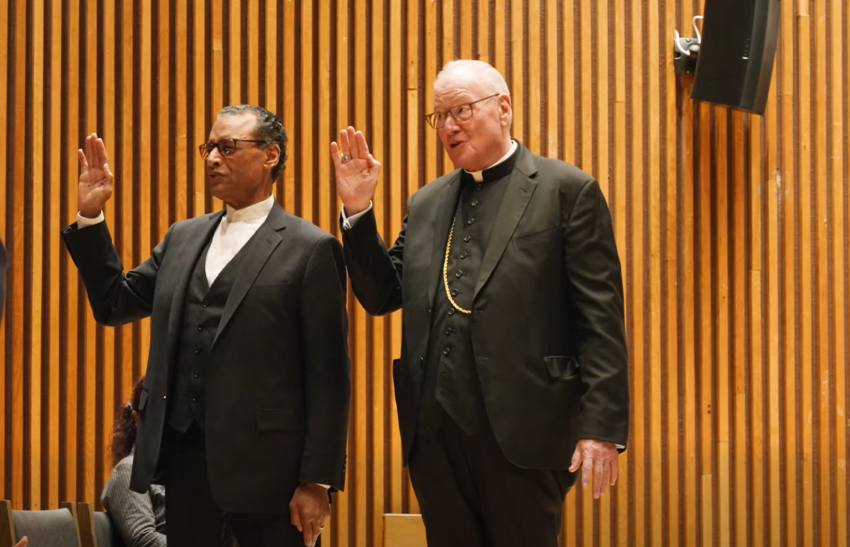 Rev. A.R. Bernard(L), founder of the Christian Cultural Center in Brooklyn, and former Archbishop of New York Timothy Dolan, were both sworn in as co-chief chaplains of the New York Police Department on Wednesday, March 4, 2026.