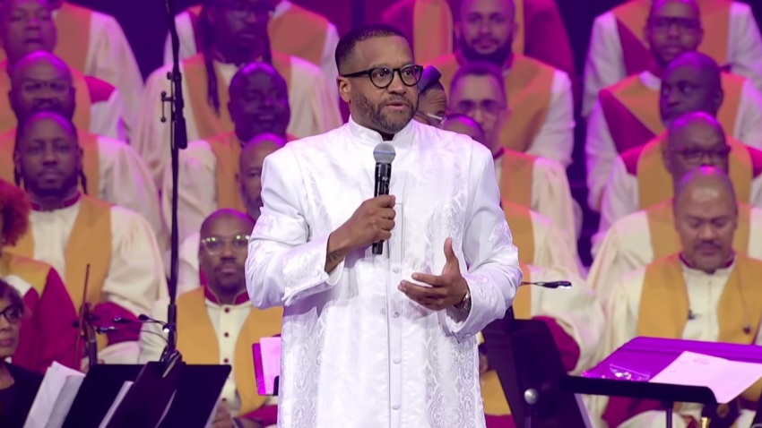 The Rev. Howard-John Wesley, lead pastor at Alfred Street Baptist Church of Alexandria, Virginia, gives remarks at the Easter Sunday worship service at Eaglebank Arena in Fairfax, Virginia, on April 5, 2026