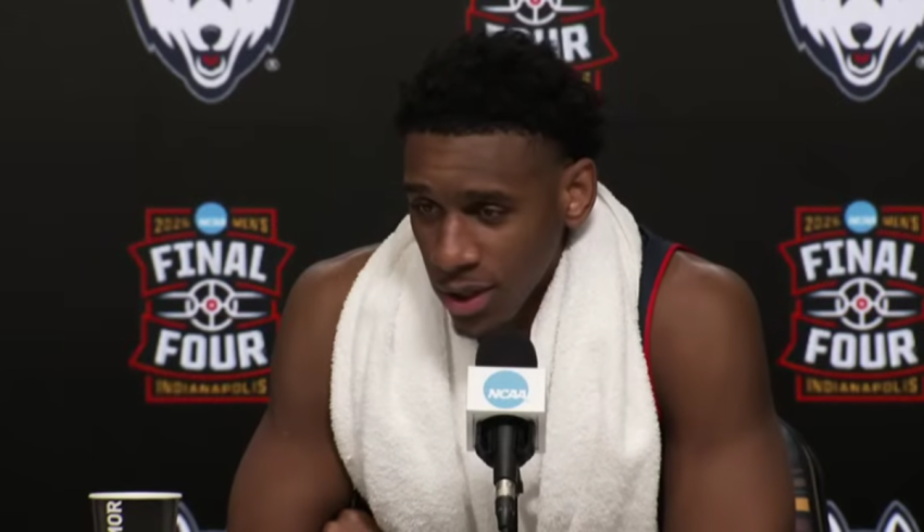 University of Connecticut basketball player Tarris Reed Jr. speaks at a press conference following his team's loss to the University of Michigan in the national championship, April 6, 2026.